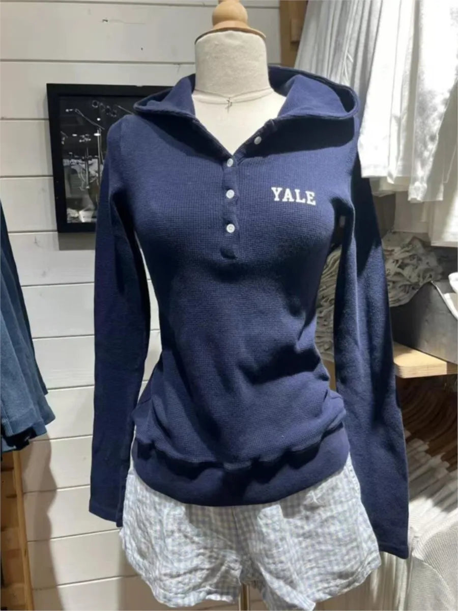 Letter Print Navy Hooded Cotton T-shirt Women Five Button Slim Waffle Long Sleeve Tee Shirt Casual Streetwear Vintage Tshirt Y2k