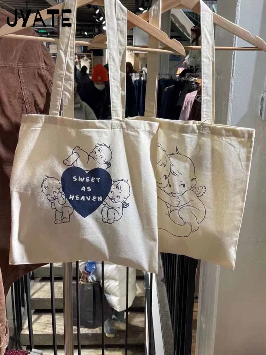 Canvas Cute Cartoon Print Shoulder Bags Female White Simple Large Capacity Messenger Hobo Casual Fashion Women's Crossbody Bag