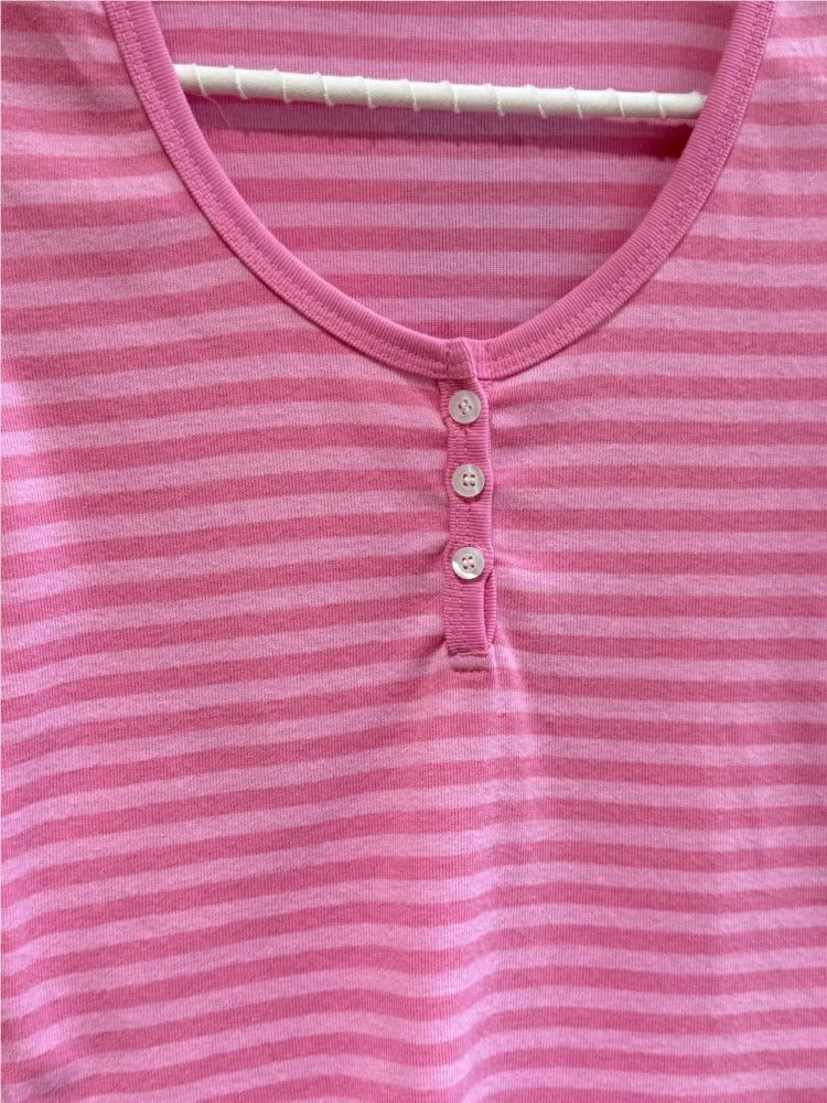 Pink Striped Buttons Short Sleeve Tee Women Summer New Cotton O-neck Slim Casual Simple T-shirts Sweet Cute Basic Tshirt Y2K Top