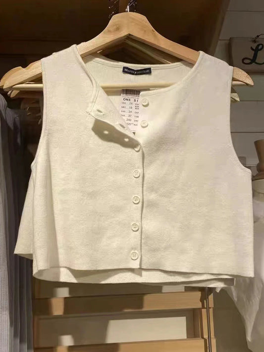 Sweet White Cotton Single Breasted Tank Tops Women Casual Simple O-neck Knit Vests Clothes Female Vintage Slim Chic Crop Top Y2K