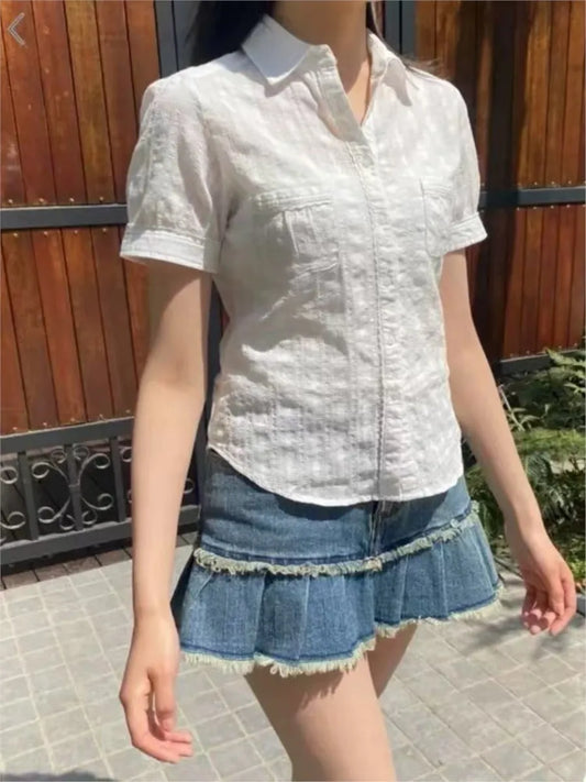Sweet Pockets White Textured Blouse Women Turndown Collar Single Breasted Short Sleeve Shirts Tops Vintage Sweet Y2K Blouses New