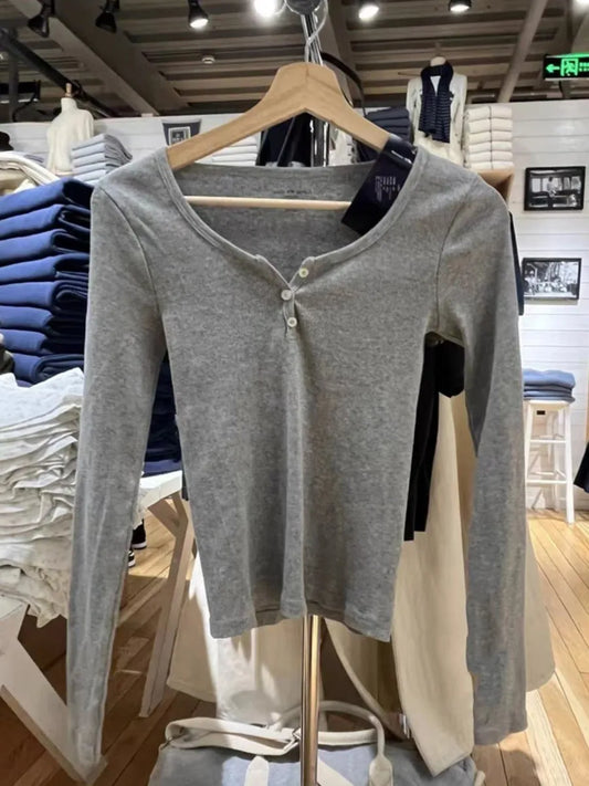 Buttons Ribbed Long Sleeve T-shirts Women Spring Soft Cotton Round Neck Vintage Top Female Solid Simple Y2k Streetwear Tees 2023