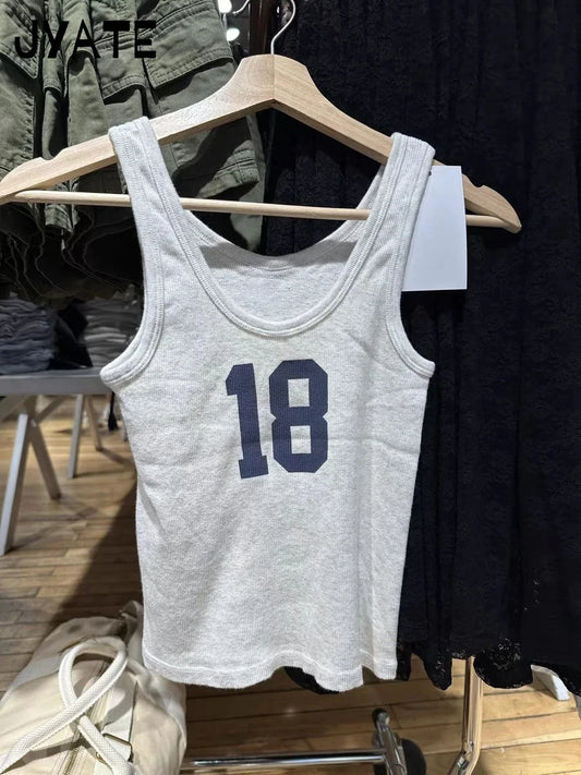 Fashion NO 18 Print Gray Tank Tops Women New Cotton Simple U-neck Preppy Style Sleeveless Vests Vintage Chic Casual Camisole Y2K