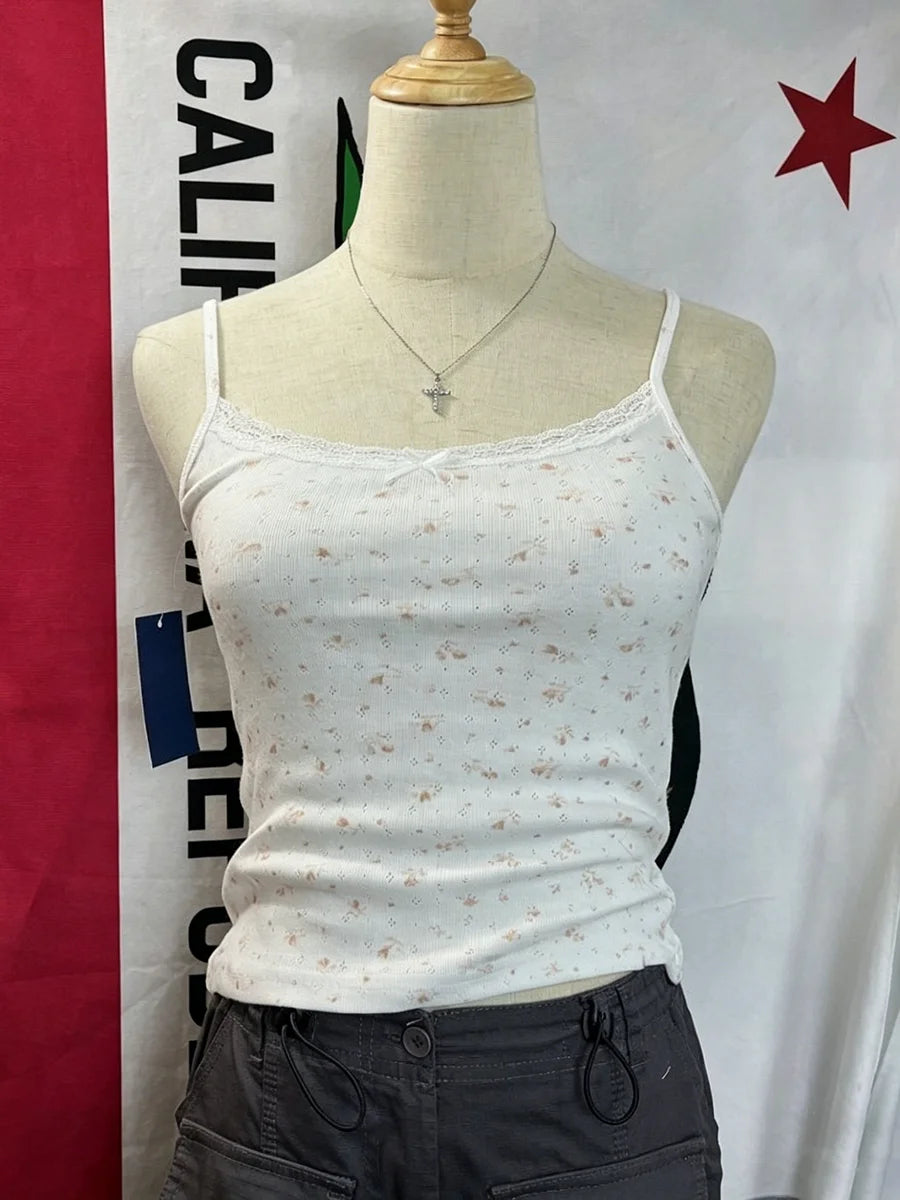 Pink Floral Print Lace Trim Tank Tops Women Summer New Cotton Bow Casual Chic Simple Camisole Girl Sweet Cute Vintage Vests Y2K