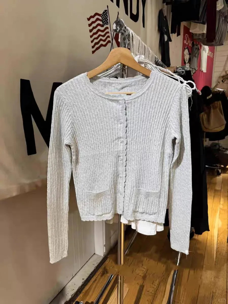 Gray Pockets Knitted Sweater Cardigan Women Autumn Cotton Round Neck Long Sleeve Sweaters Sweet Preppy Style Knitwear Y2K Tops