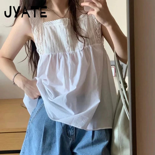 Sweet Buttons Lace Hollow Out Sleeve Camisole Women Summer New Simple Square Collar Sleeveless Vests Vintage Chic Cute Tank Tops