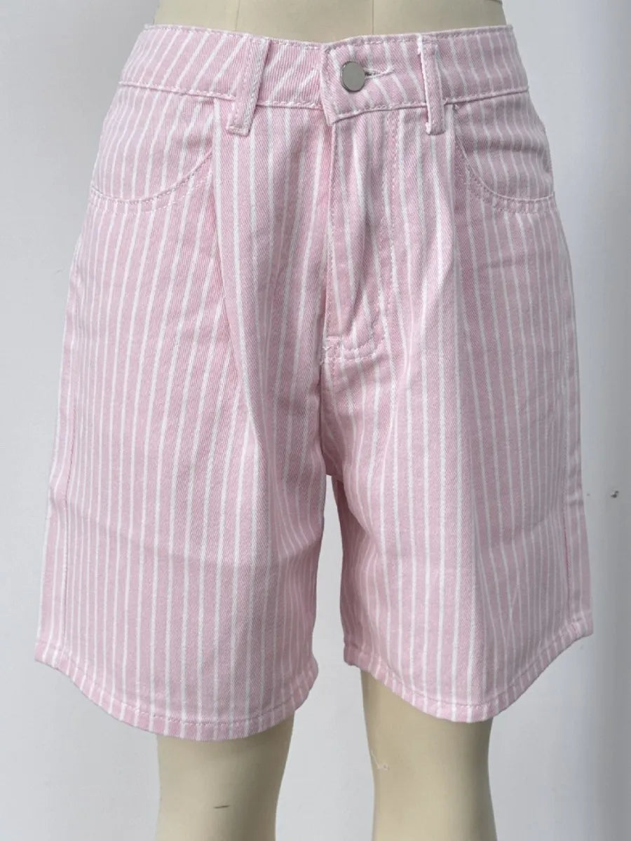 Pink Striped Pockets Cargo Pants Women Casual Cotton Loose High Waist Button Short Pants Vintage Sweet Preppy Style Sweatshorts
