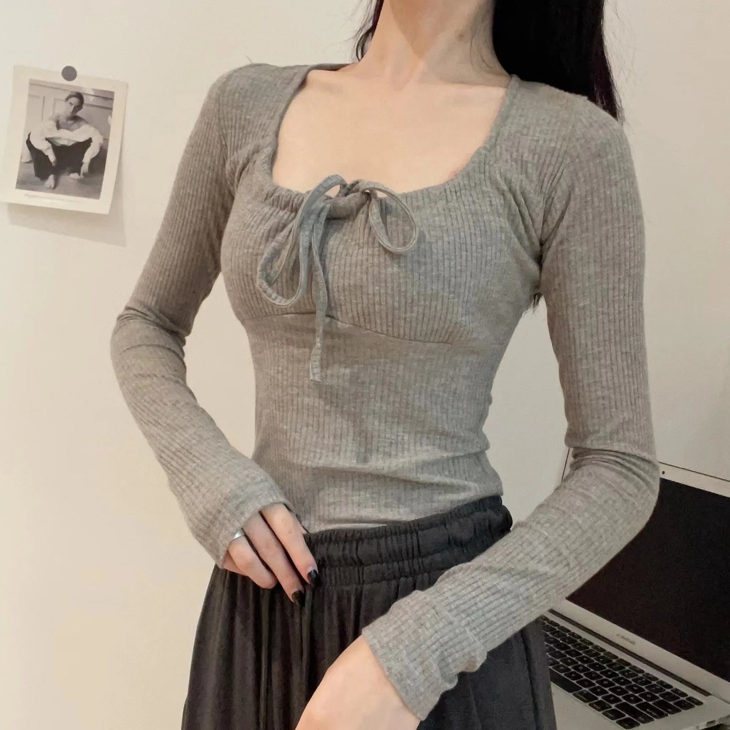 Sweet Lace-up Long Sleeve Tees Women New Casual Slim Solid Scoop Neck Streetwear Top shirt Vintage Preppy Style Cute T-shirt Y2K