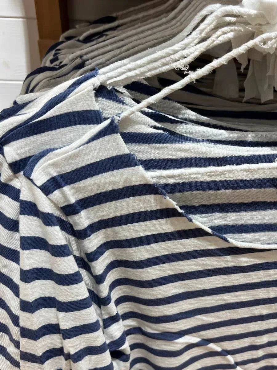 Chic New Navy Striped Long Sleeve T-shirt Woman Autumn Cotton Sexy Slash Neck Raw Hem Tees Casual Vintage Streetwear Y2K Tshirts