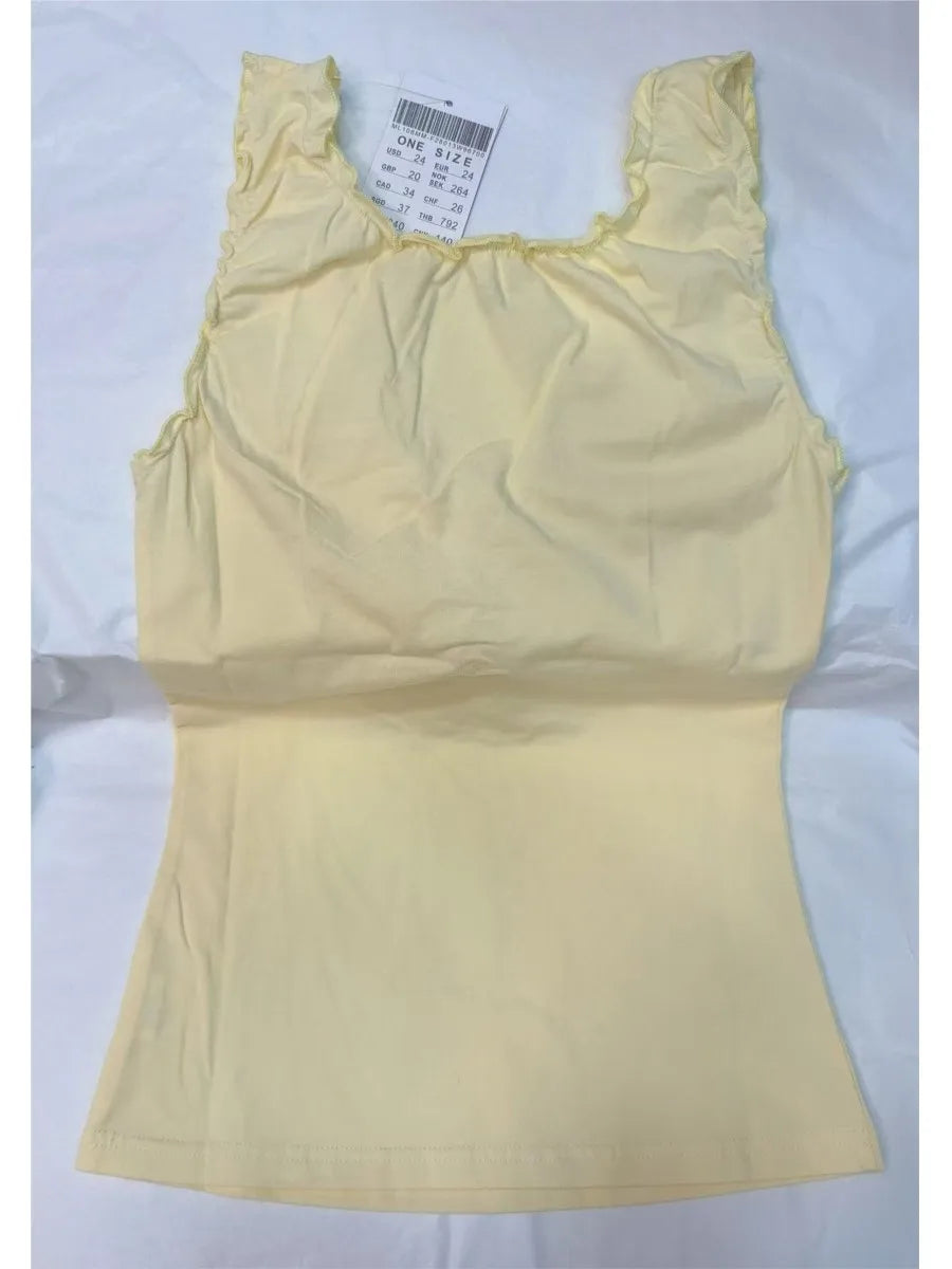 Button Yellow Fungus Trim Slim Tank Tops Women Summer Sleeveless Sexy Bow V-neck Cotton Crop Top Femme Simple Sweet Cute Vests