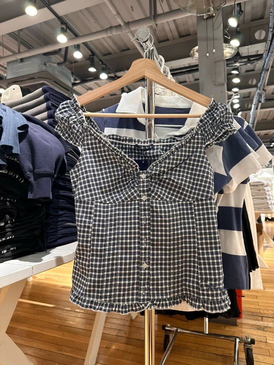 Dark Blue Folds Ruffle Sleeveless Blouse Top Women Summer Casual Single Breasted Tank Tops Vest Vintage Chic Simple Camisole Y2K