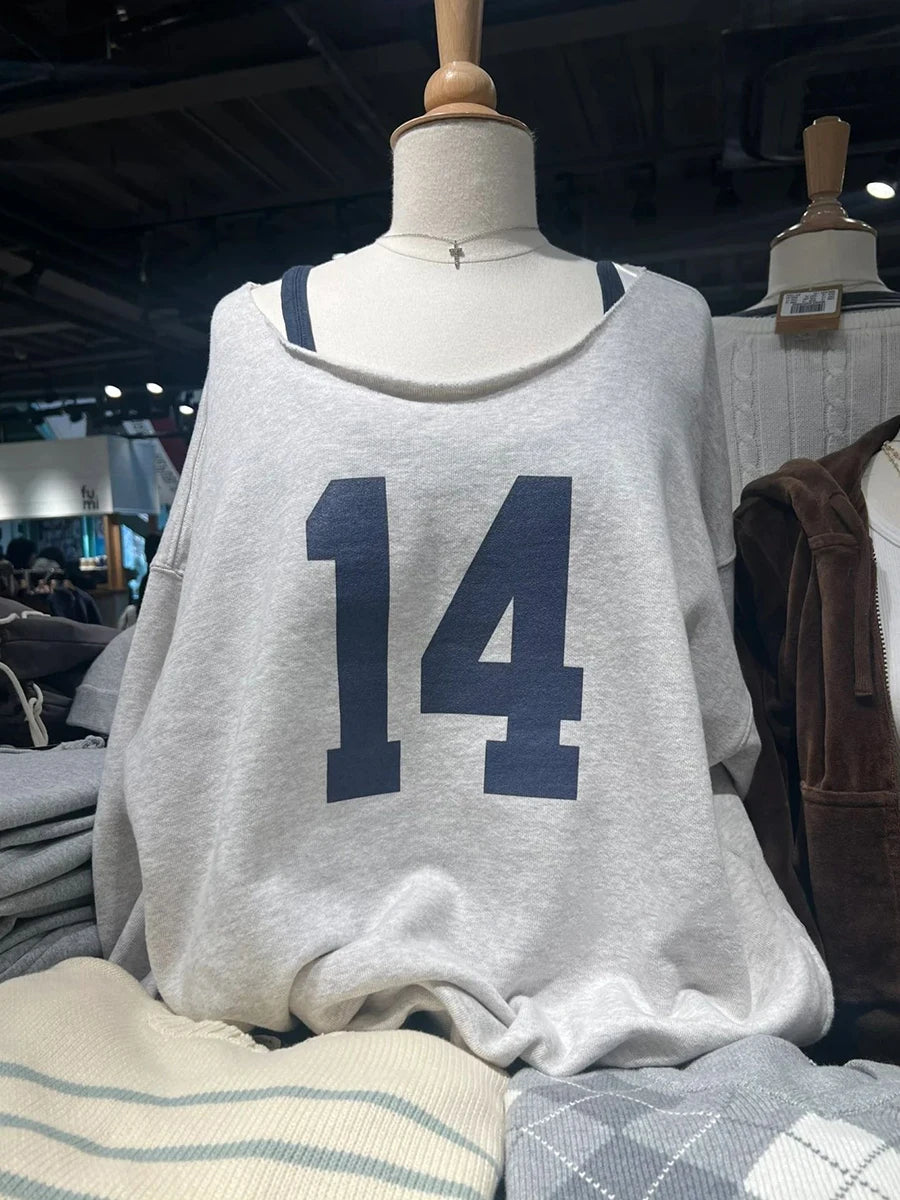 Letter Embroidery Scoop Neck Sweatshirt Women Autumn Streetwear Long Sleeve Cotton Loose Pullover Vintage Oversized Y2K Hoodie