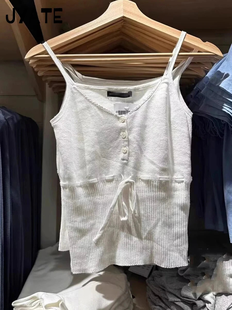 Lace Trim V-neck Knitted Camisole Women Summer Cotton Soft Casual Waist Lace-up Sleeveless Vests Vintage Gray Sweet Tank Top Y2K
