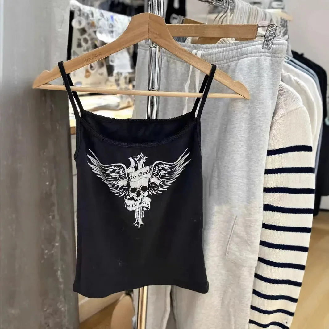 Black Harajuku Skull Print Sleeveless Vests Women Cotton Streetwear Casual Camis Clothes Vintage Chic Preppy Style Y2K Tank Tops