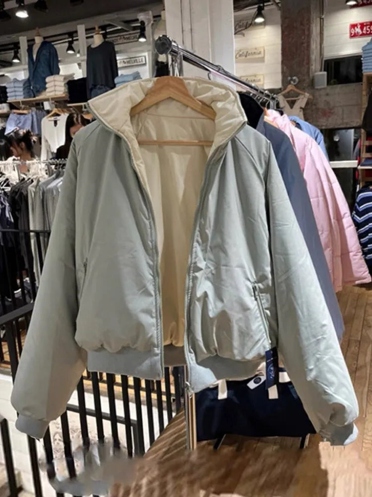 Sweet Double-sided Loose Jacket Women Stand Collar Solid Cotton Warm Casual Outerwear Street Vintage Chic Jackets Tops Female