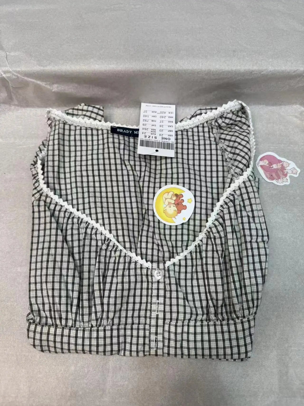 Vintage Gray Plaid Short Puff Sleeve Tee Women Three Button Square Neck Lace Trim T-Shirt Blouse Sweet Cute Retro Crop Tops New