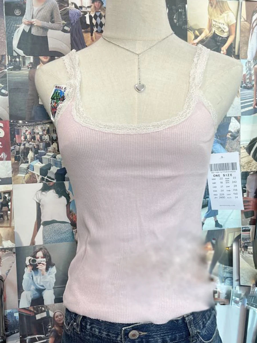 Pink Lace Trim Ribbed Camis Women Summer New Casual Streetwear Slim Sexy Cotton Sleeveless Vests Sweet Cute Chic Tank Tops Y2K