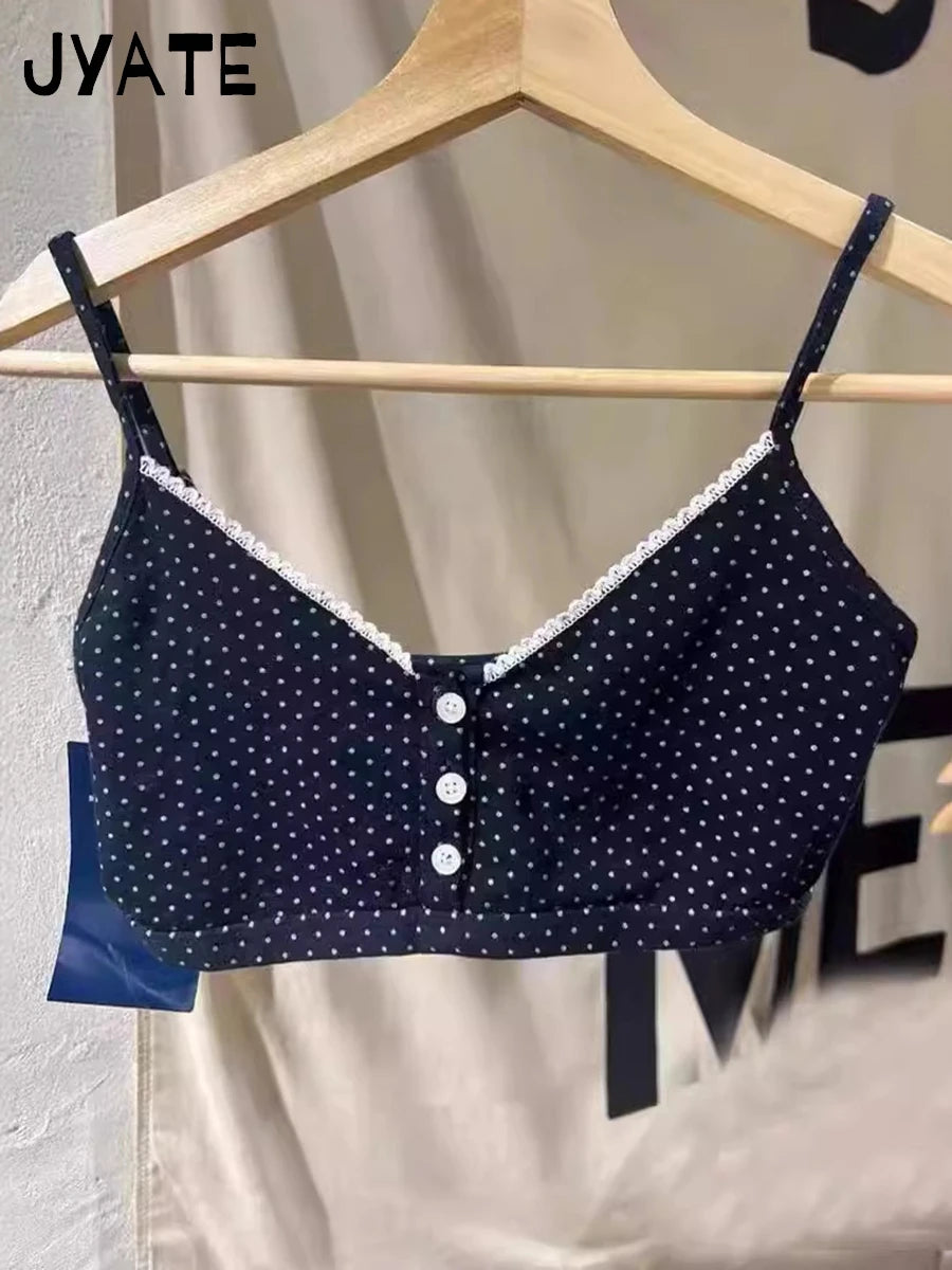 Vintage Polka Dots Print Lace Trim Camis Women 2024 New Cotton Buttons Slim Sexy Sleeveless Vests Harajuku Chic Sweet Tank Tops