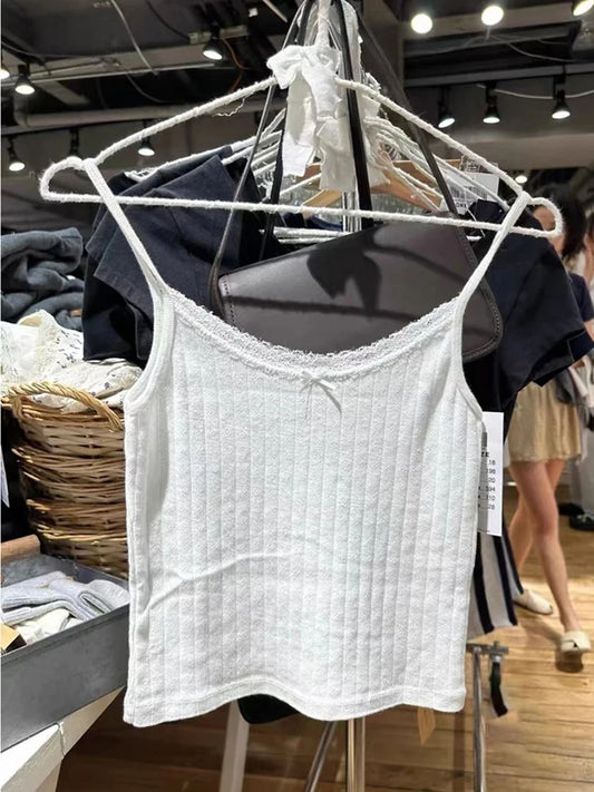 Vintage Cute Lace Hollow Out Camis Women Slim Bow White Fairycore Streetwear Cotton Sleeveless Vests Female Sweet Y2K Tank Tops