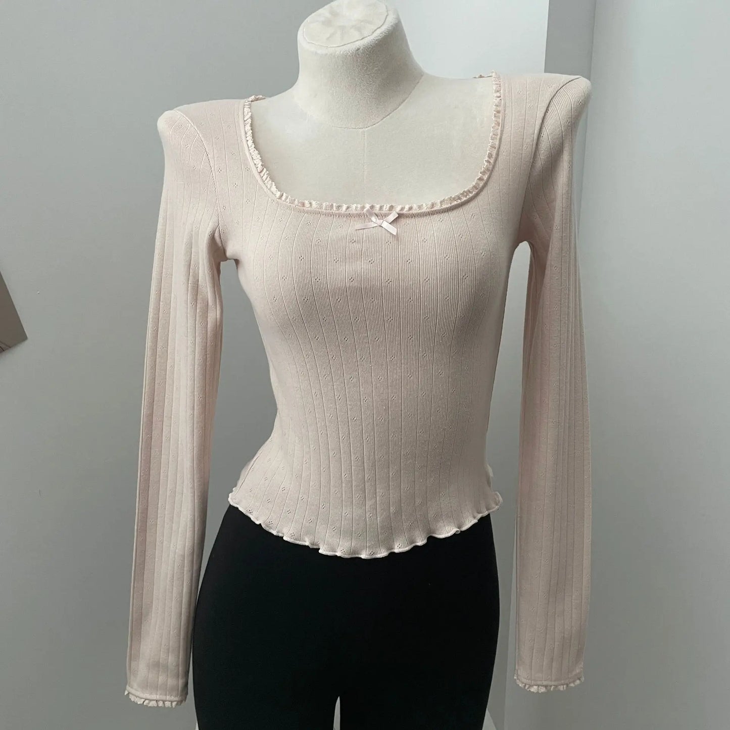 Solid Hollow Out Cotton Soft T-shirts Spring Bow Lace Trim Square Neck Long Sleeve Tee Slim Chic Sweet Vintage Cute Crop Tops