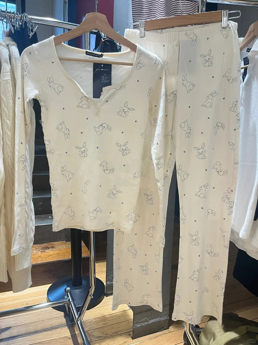 Rabbits Print Button Long Sleeve Tops Women New Cotton Slim Casual Preppy Style Tee Shirt Vintage Sweet Cute Pajama T-shirts Y2K