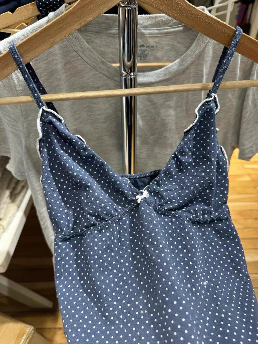 Navy Dot Fungus Trim Bow Tank Tops Women Casual Cotton Slim V-neck Sleeveless Camis Girls Cute Sweet Preppy Style Y2K Crop Top
