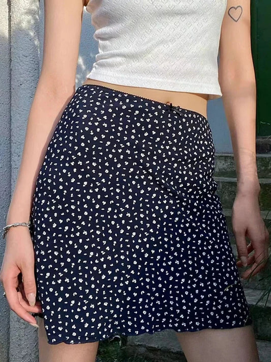 Sweet Floral Bow A-line Skirts Women Summer Fairycore Slim Lace Trim Preppy Style Mini Skirt Female Cute Vintage Falda Clothes