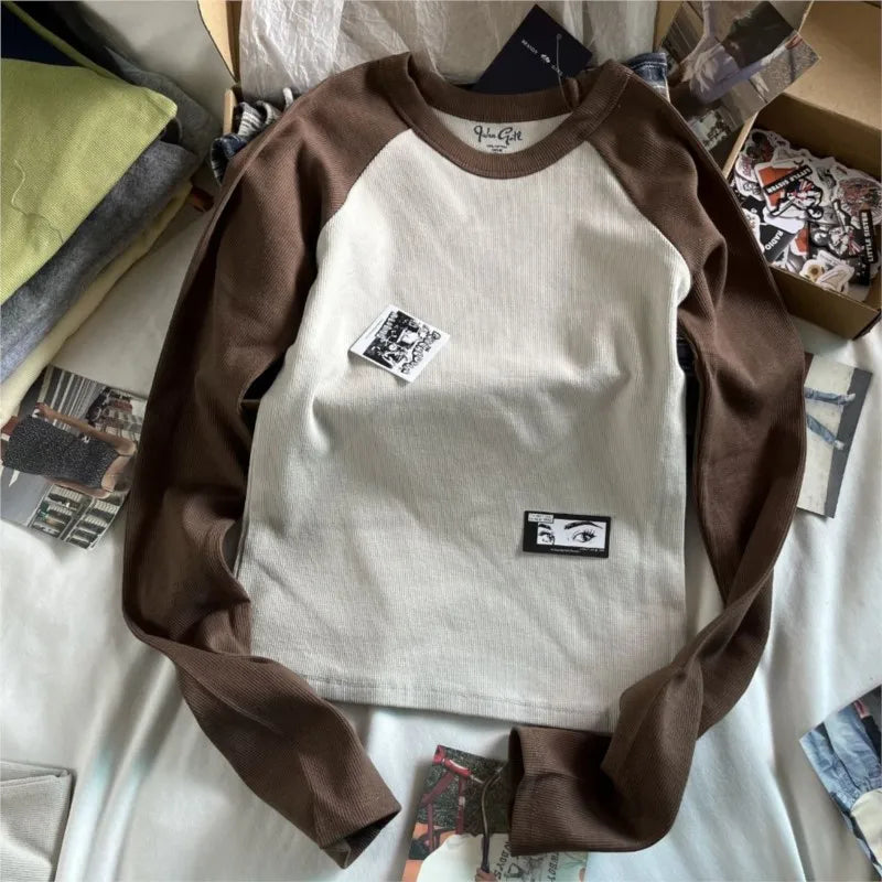 Retro Patchwork Ribbed T-shirt Women Autumn Casual O-Neck Cotton Long Sleeve Tee Shirt Vintage Streetwear Chic T Shirt Y2K Tops