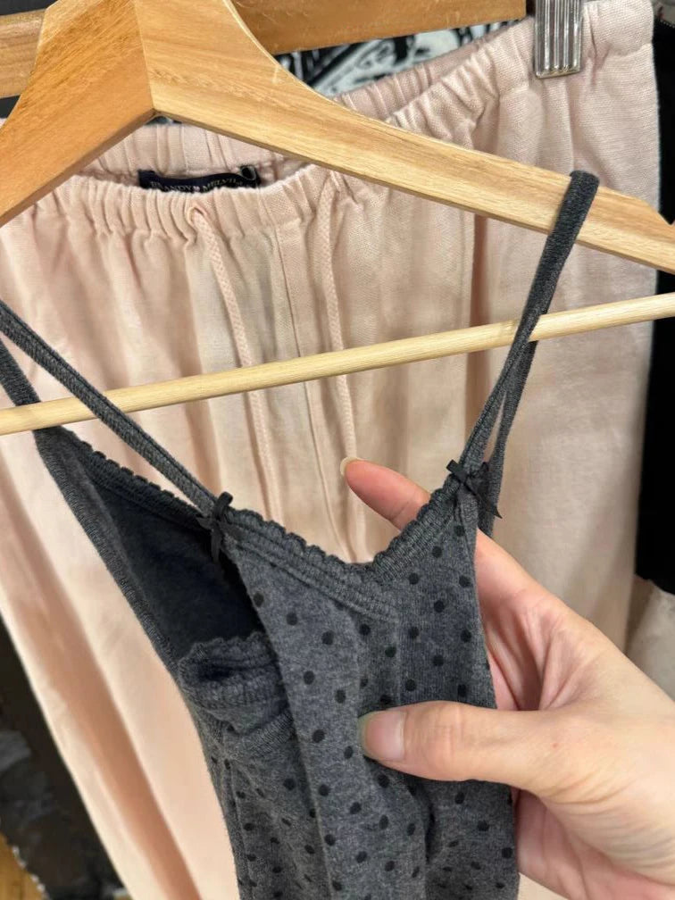 New Dot Lace Trim Slim Tank Tops Women Summer Casual Bow Strap Sleeveless Cotton Camisole Vintage Streetwear Sweet Y2K Crop Top