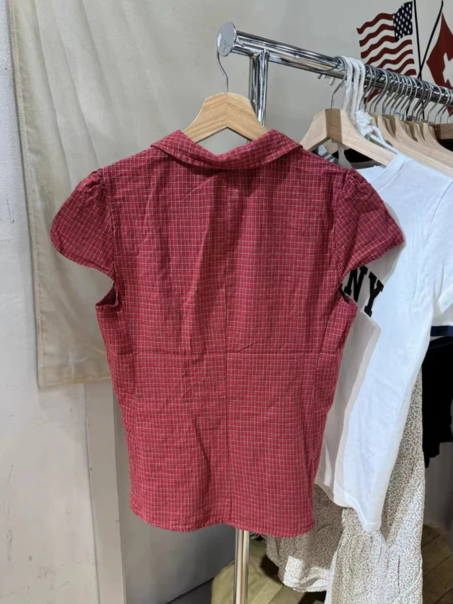 Red Plaid Button Blouse Women Casual Streetwear Cotton Lapel Short Sleeve Tees Vintage Preppy Style Sweet T-shirts Y2K Tops