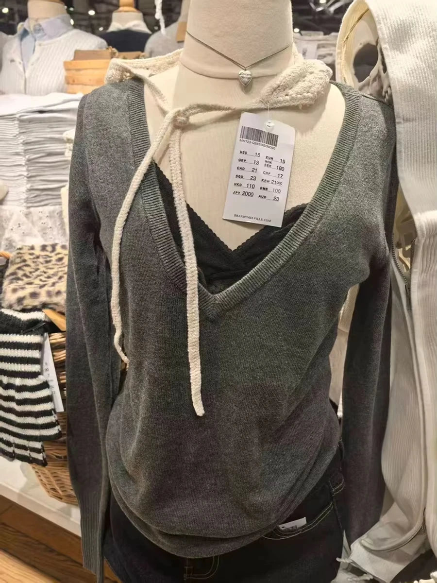 Gray V-neck Sweater Women Spring Streetwear Simple Cotton Slim Long Sleeve Knitted Tops Vintage Chic Y2K Sweaters