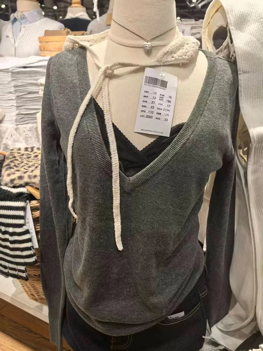Gray V-neck Sweater Women Spring Streetwear Simple Cotton Slim Long Sleeve Knitted Tops Vintage Chic Y2K Sweaters