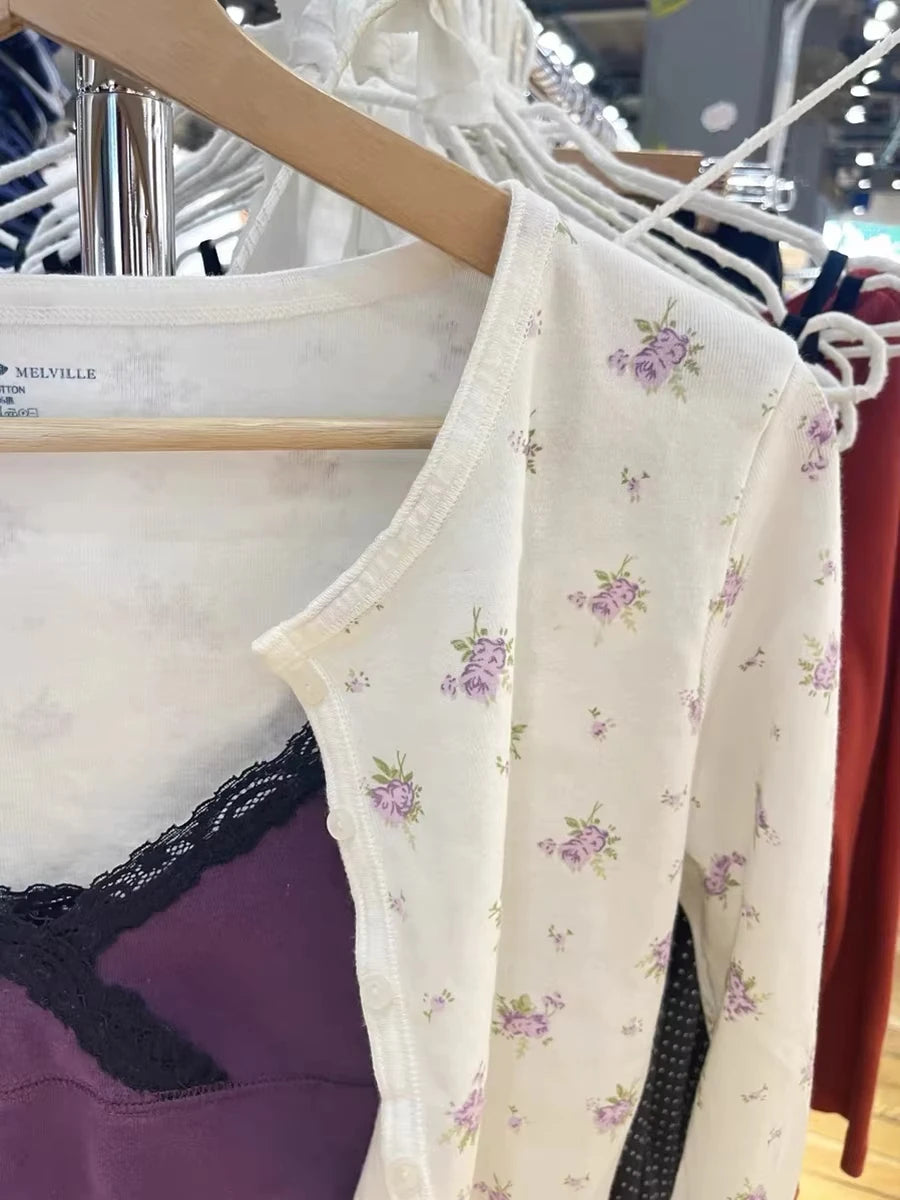 Eyelet Floral Print Slim T-shirt Women Preppy Style O-neck Single Breasted Cotton Long Sleeve Tee Shirts Cute Vintage Sweet Tops