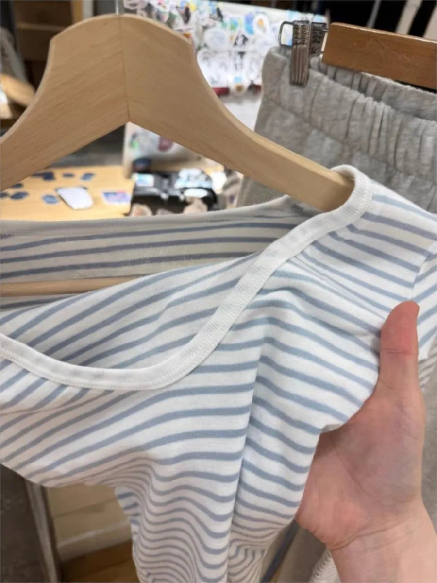 Sweet Blue Striped Long Sleeve T-shirt Women Autumn V-neck Cotton Slim Tee Tops Femme Vintage Streetwear Preppy Style Tshirt New