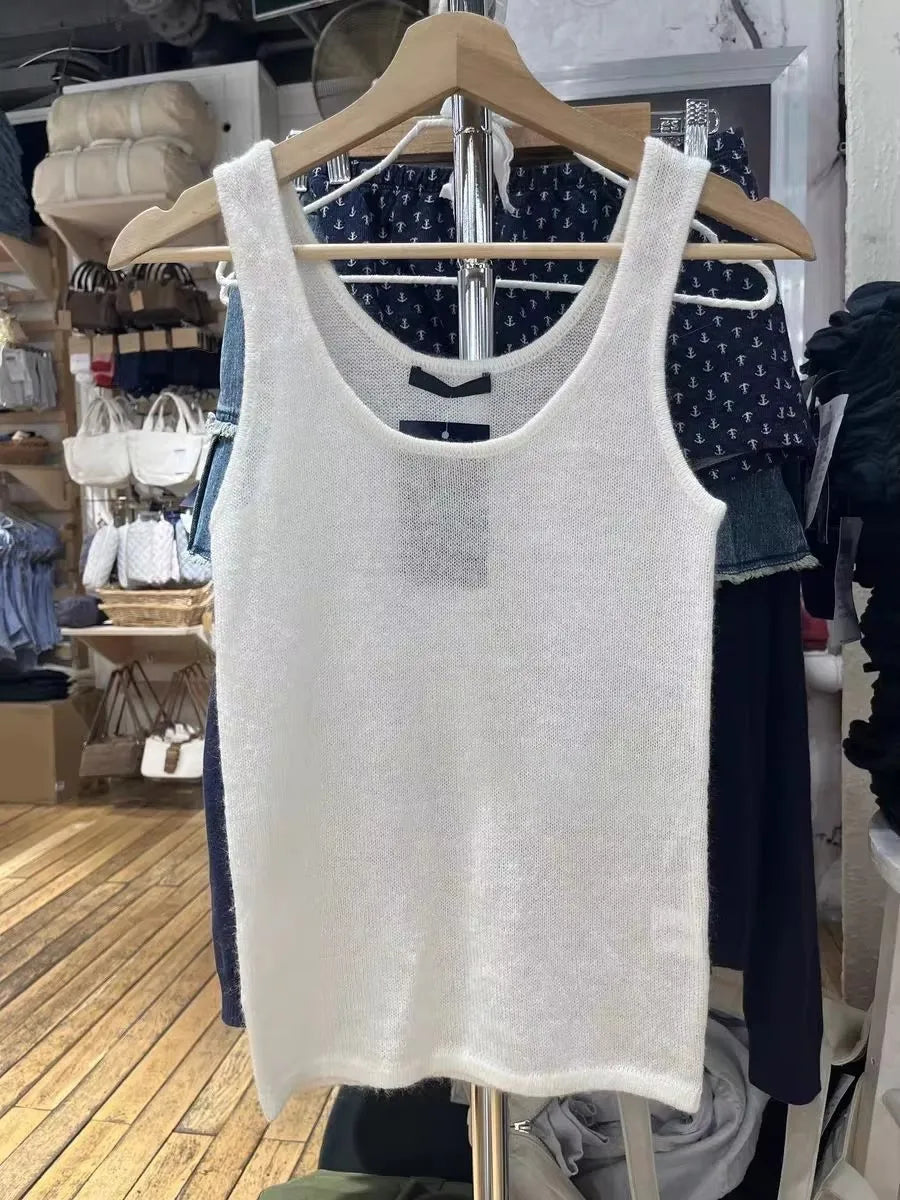 Beige Knitted Thin Smock Tank Top Women Summer Sweet Sleeveless Slim Female Casual Vest Preppy Style Simple Basic Crop Tops New