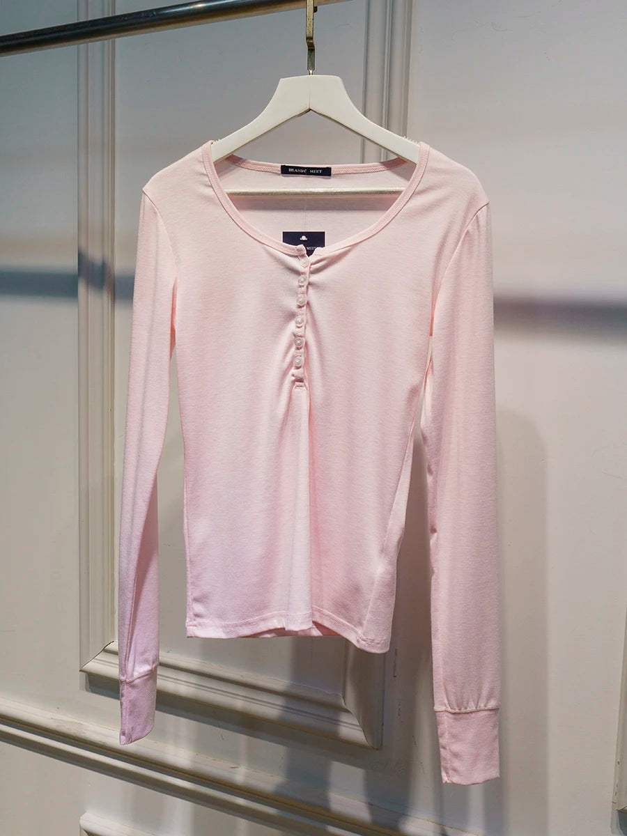 Pink Six Buttons Thin Long Sleeve T-shirts Women Spring Round Neck Cotton Slim Tee Top Female Cute Sweet Tshirt Y2k Tops New