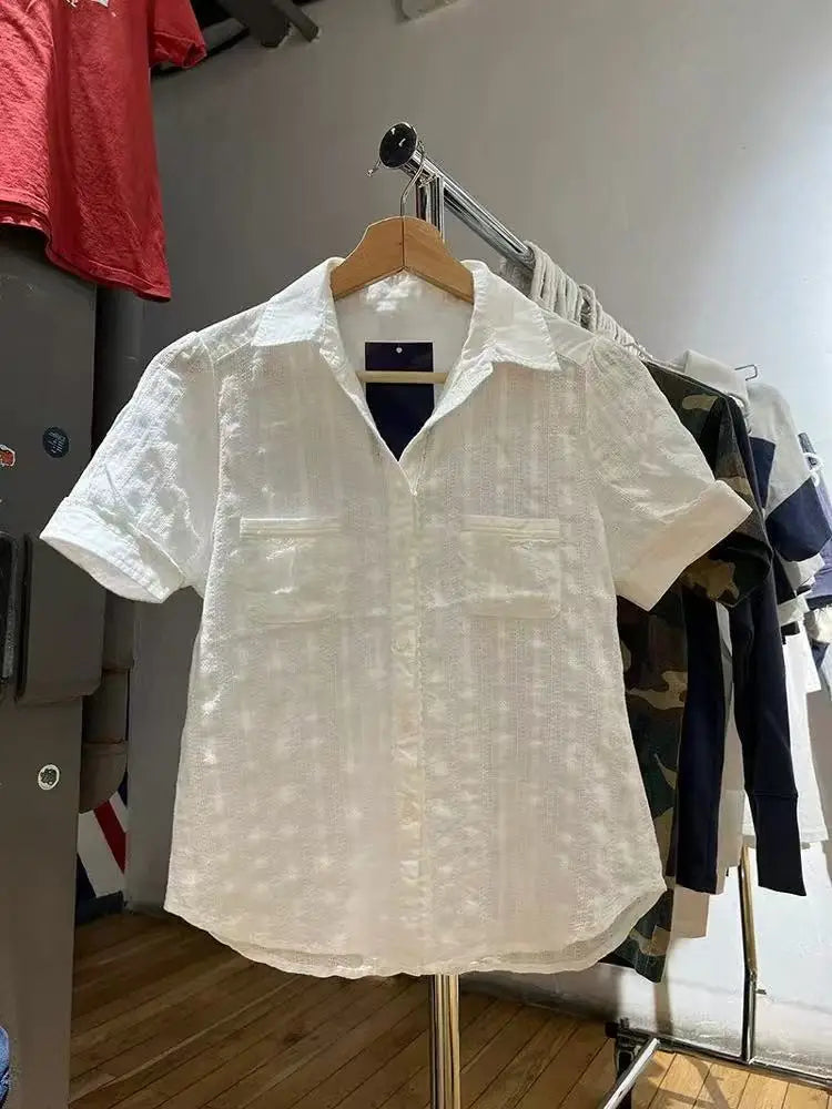 Sweet Pockets White Textured Blouse Women Turndown Collar Single Breasted Short Sleeve Shirts Tops Vintage Sweet Y2K Blouses New