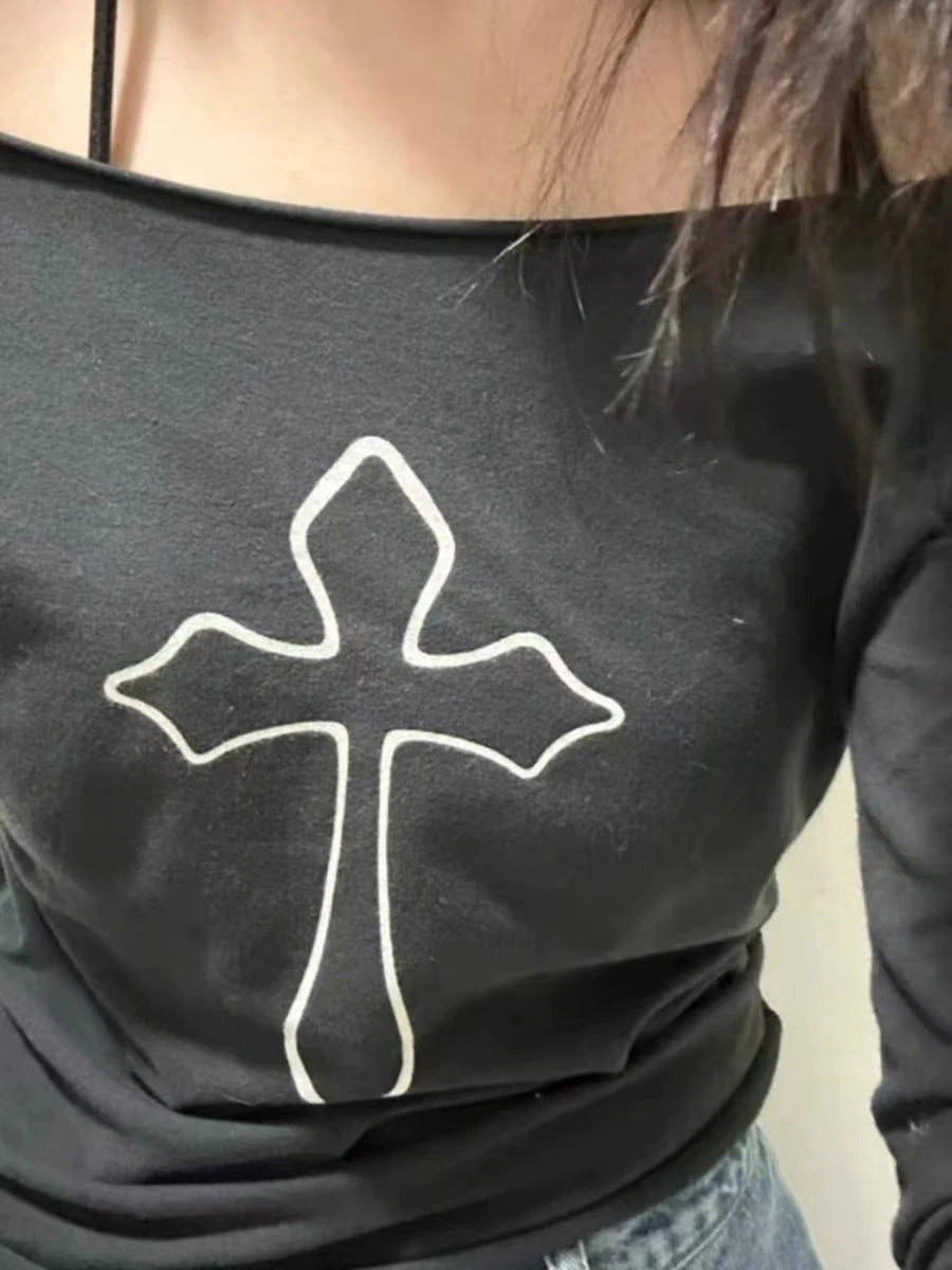 Harajuku Black Raw Trim T-shirts Women Cotton Casual Sexy Slash Neck Long Sleeve Tees Female Streetwear Vintage Y2K Tops Clothes