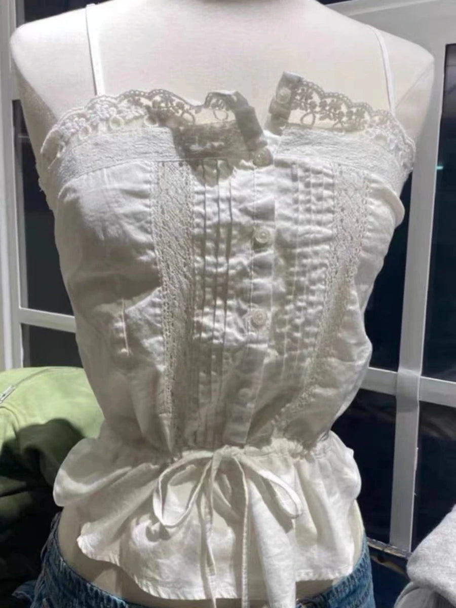 Blue Hollow Out Strappy Tank Tops Women Summer New Cotton Slim Ruffles Buttons Cropped Vests Y2K Sweet Cute Streetwear Camisole