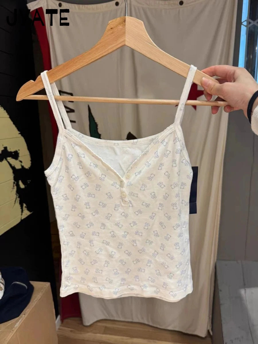 Sweet Bear Print Buttons V-neck Camis Women New Casual Cotton Soft Pajama Sleeveless Vests Cute Vintage Preppy Style Tank Tops