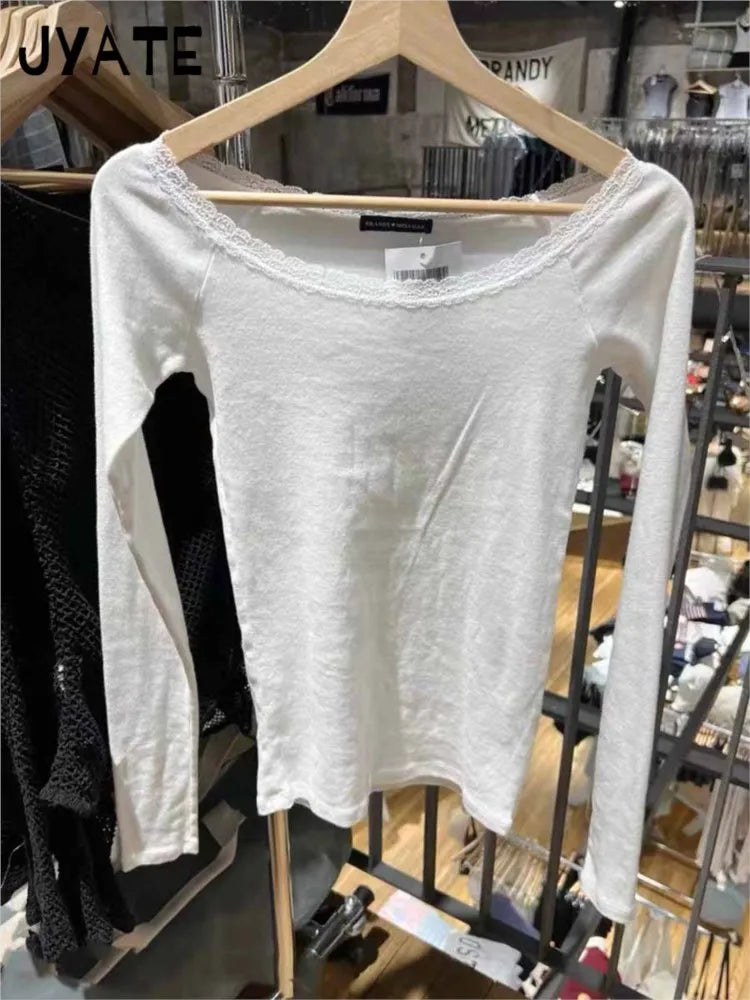 Gray Sexy Slash Neck Cotton Long Sleeve Tees Women New Lace Trim Casual Streetwear Tops Clothes Harajuku Chic Sweet T-shirts Y2K