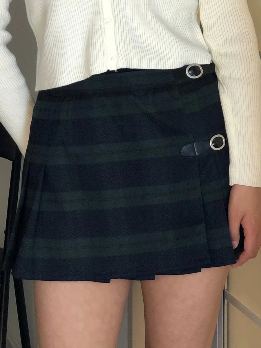 Fashion Solid Buckle Pleated Skirts Women Streetwear Aestjetic Chic Preppy Sexy Low Waist Mini Skirt Vintage Sweet Cute Faldas