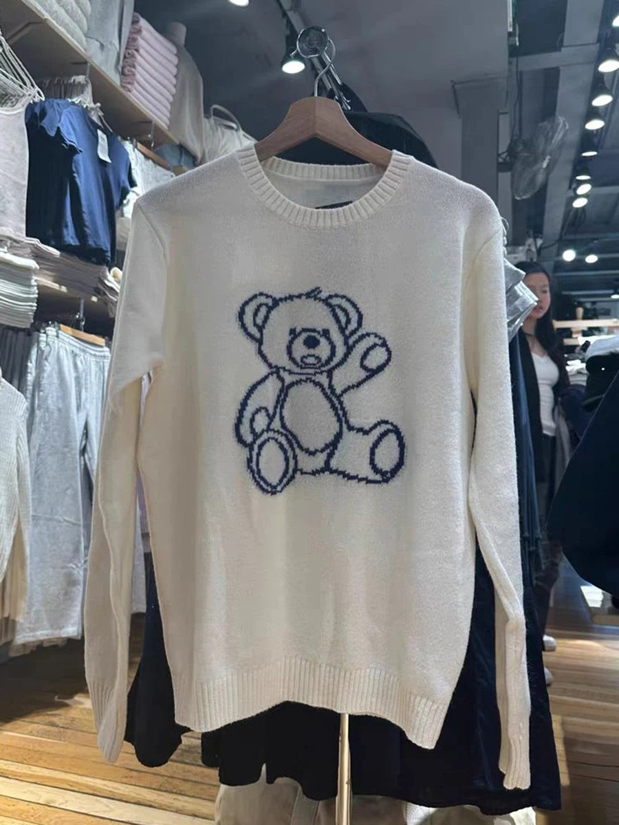 Bears Jacquard Cute Knit Sweaters Women Spring O-neck Long Sleeve Cotton Jumper Vintage Sweet Preppy Style Pull Sweater Tops Y2K