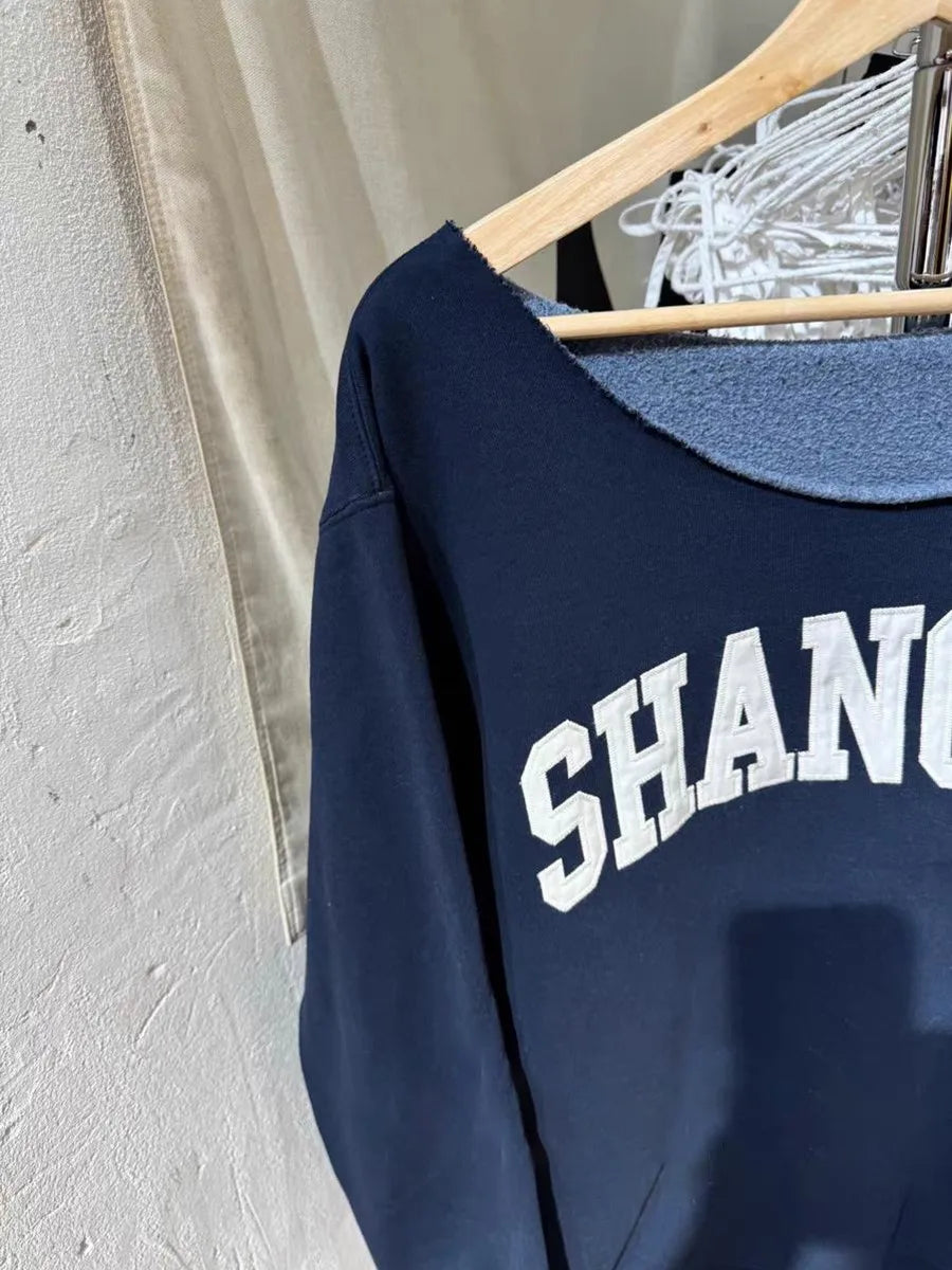 Letter Embroidery Scoop Neck Sweatshirt Women Autumn Streetwear Long Sleeve Cotton Loose Pullover Vintage Oversized Y2K Hoodie