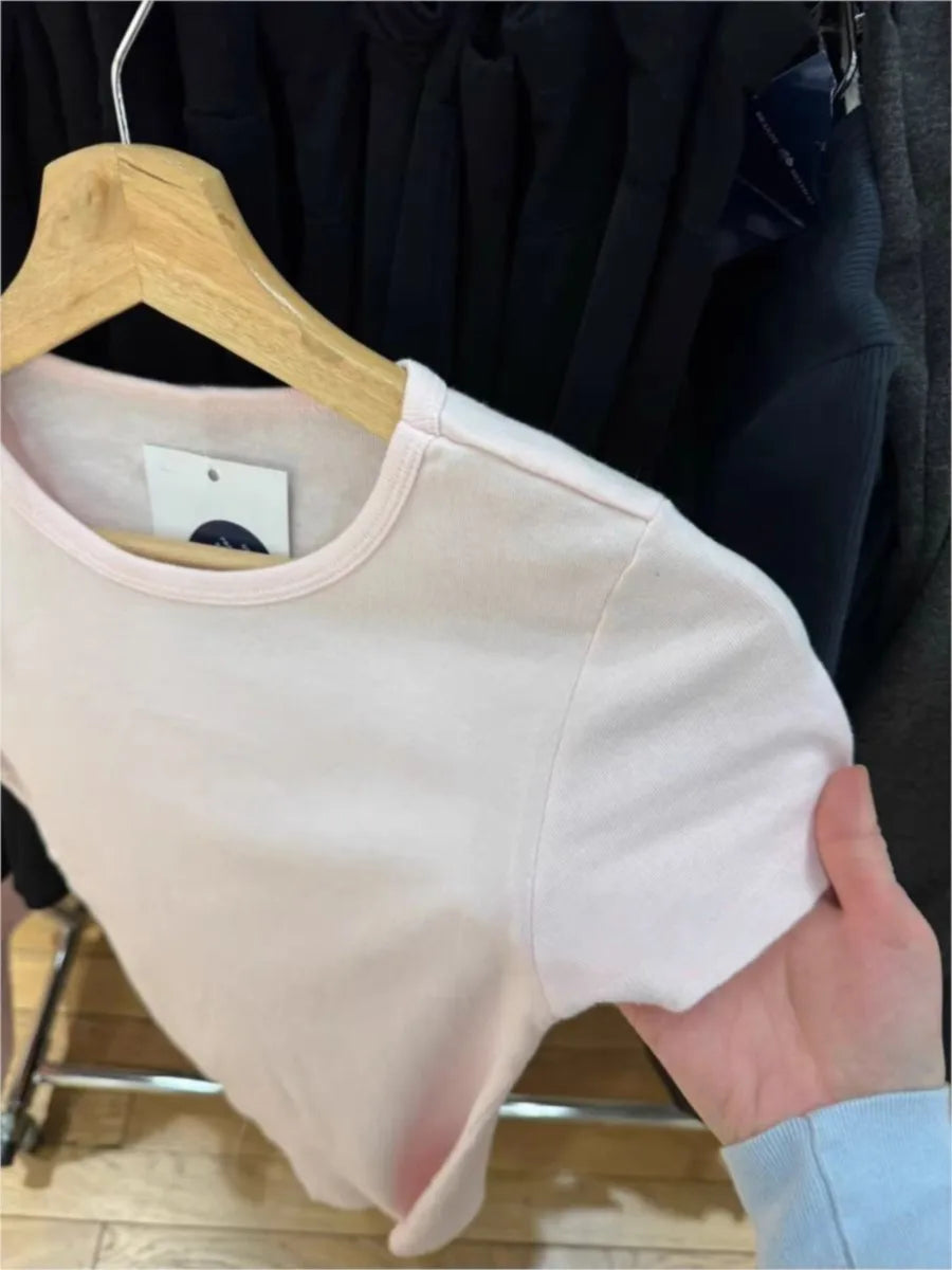 Light Pink Slim T-shirt Women Summer New Round Neck Short Sleeve Cotton Tee Tops Casual Sweet Cute Simple Basic Tshirt Top Y2K