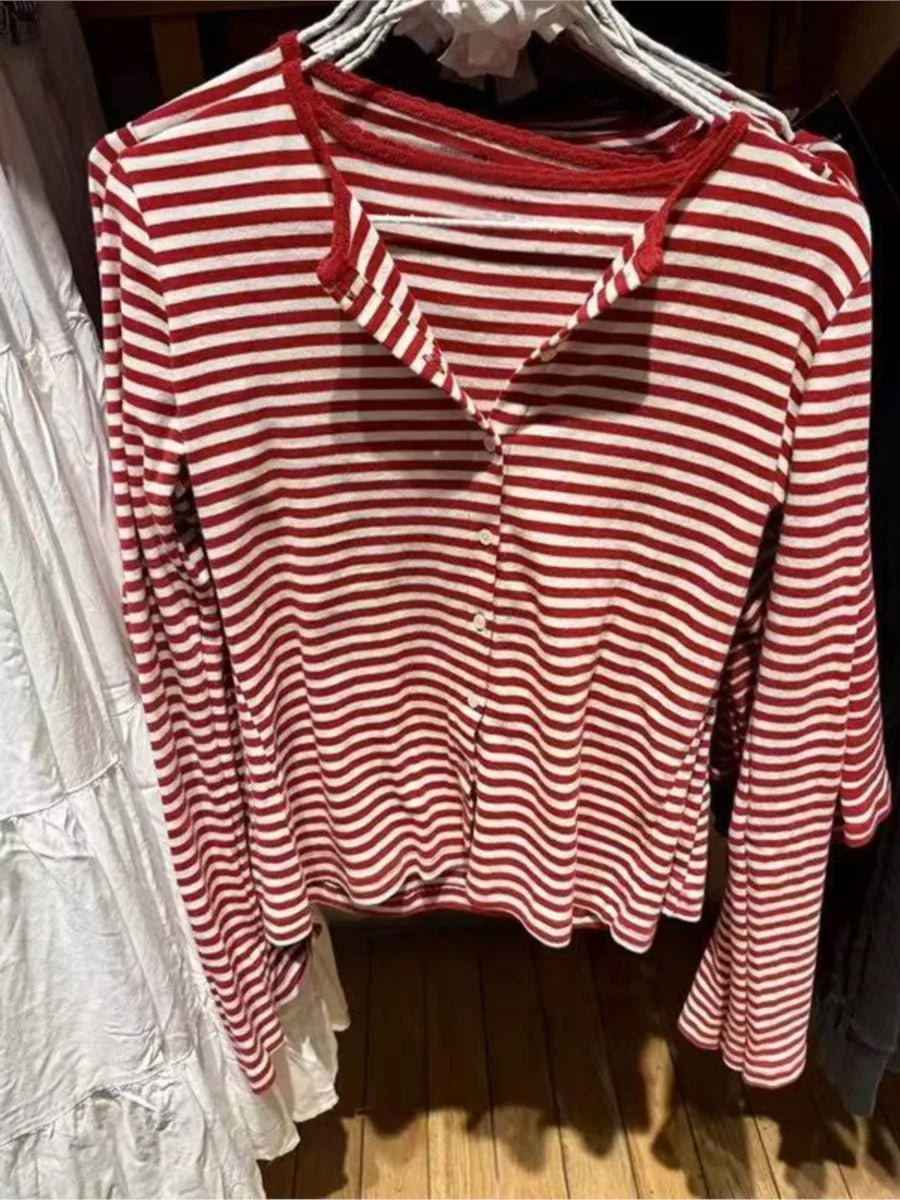 Sweet Red Striped Slim Long Sleeve T-shirt Women Preppy Style O-neck Single Breasted Cotton Tee Shirts Cute Basic Simple Top New