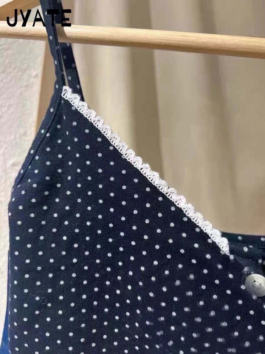 Vintage Polka Dots Print Lace Trim Camis Women 2024 New Cotton Buttons Slim Sexy Sleeveless Vests Harajuku Chic Sweet Tank Tops