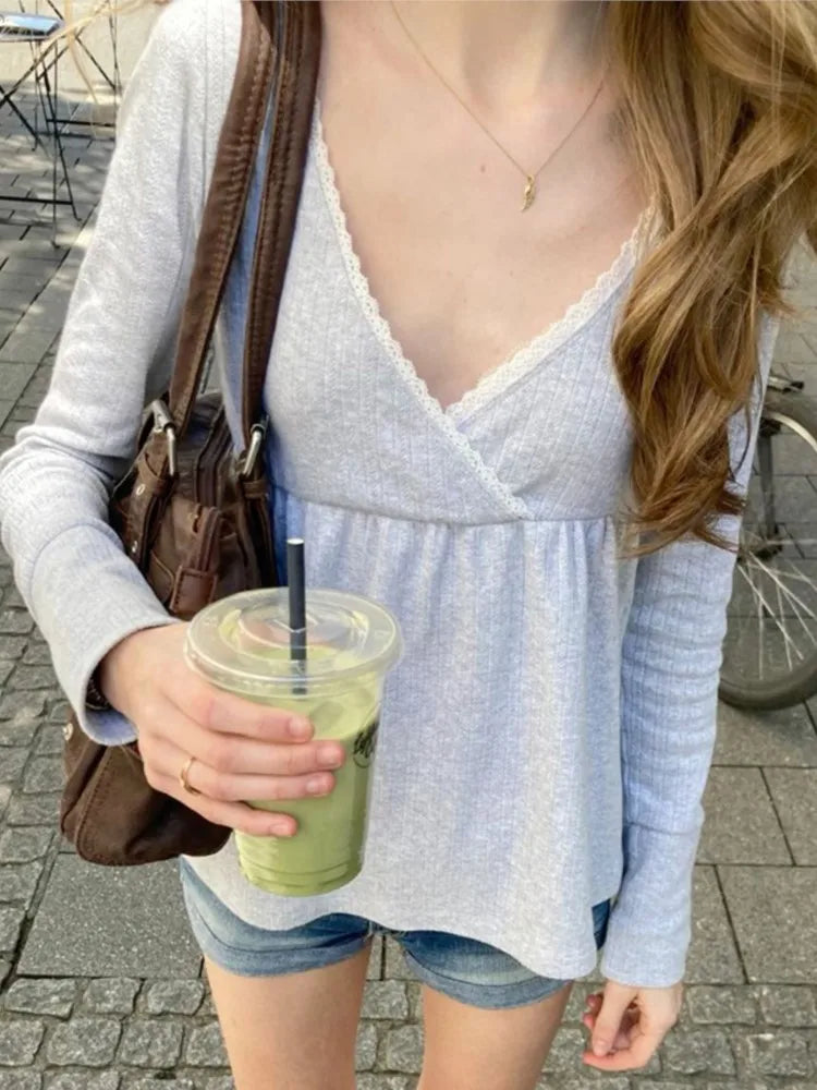 Sexy Lace Trim V-neck Long Sleeve Tees Women Spring Casual All-match Simple Slim Babydoll Top Sweet Cute Preppy Style T-shirts