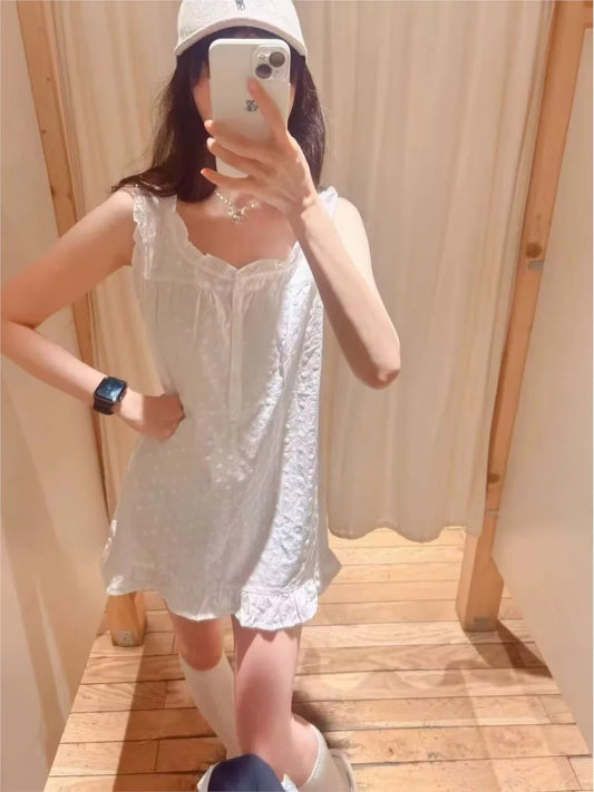 White Ruffle Round Neck Mini Dress Women Summer Streetwear Button Sleeveless A-line Short Vestidos Sweet Elegant Vintage Dresses