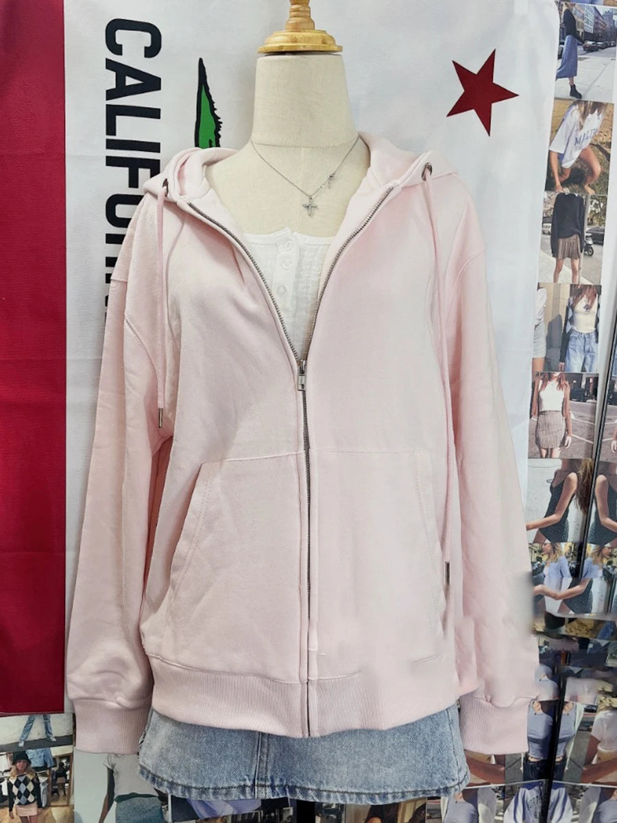 Simple Blue Cotton Oversized Hoodies Coat Women Autumn Casual Pocket Drawstring Zip-up Pullover Sweet Chic Vintage Sweatshirts